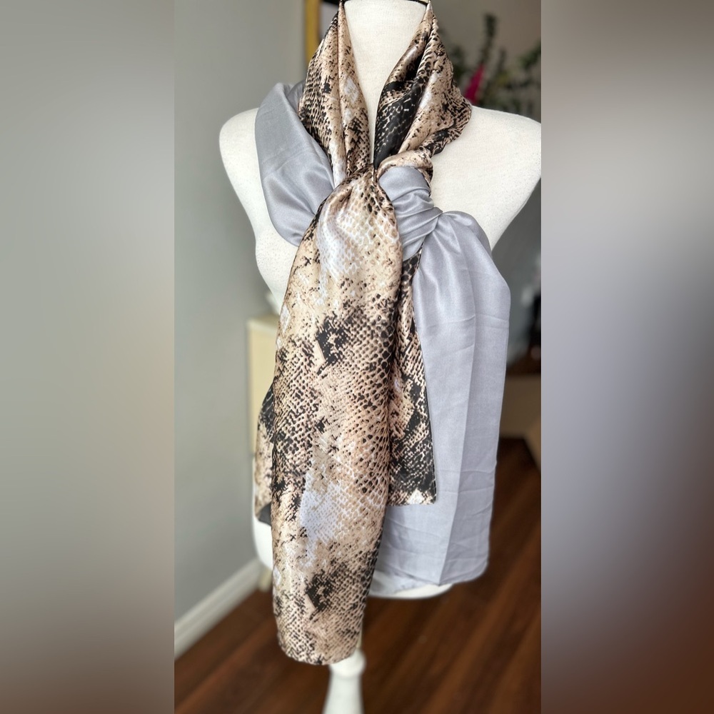 NWT Two-Tone Silk Scarf - Neutral Snake Print & Silver Grey - 68” x 33”